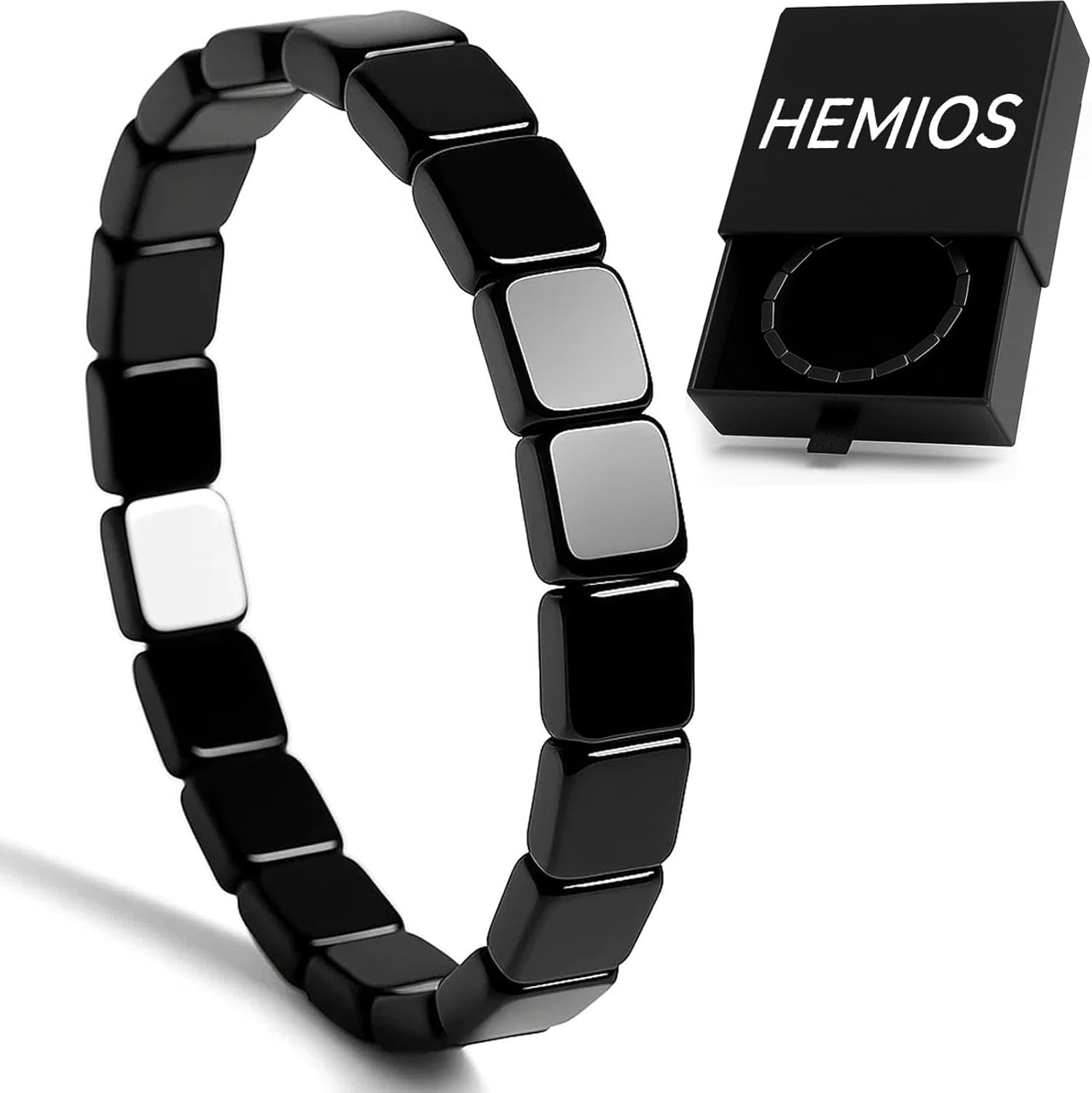 Hemios Hematite Bracelet for Men front view showing polished black natural stones.