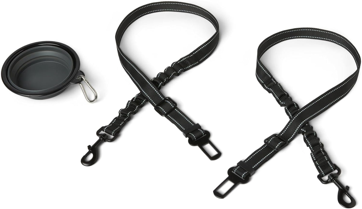 Amazon Basics dog seat belt with collapsible bowl front view