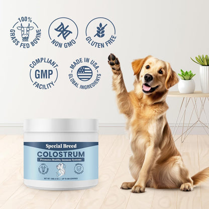 Pure bovine colostrum powder packaging displayed against a clean background.