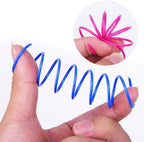 Flexible plastic cat spring toy being stretched to show elasticity