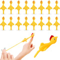 BUVUDI 16 Pieces Rubber Chicken Slingshot front view of multiple yellow stretchy toys arranged together