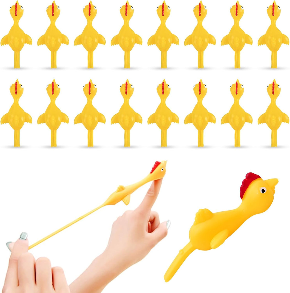 BUVUDI 16 Pieces Rubber Chicken Slingshot front view of multiple yellow stretchy toys arranged together