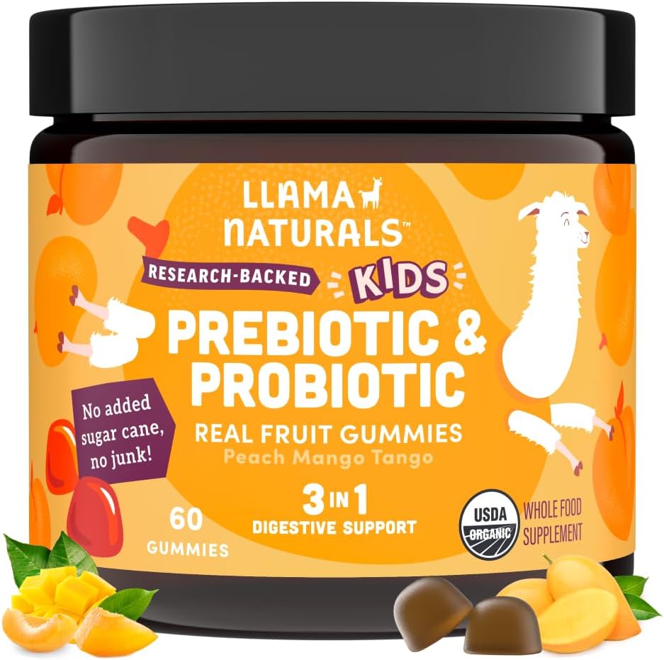 Llama Naturals Kids Probiotic and Prebiotic Fiber 60 Gummies front bottle view for children's digestive health.