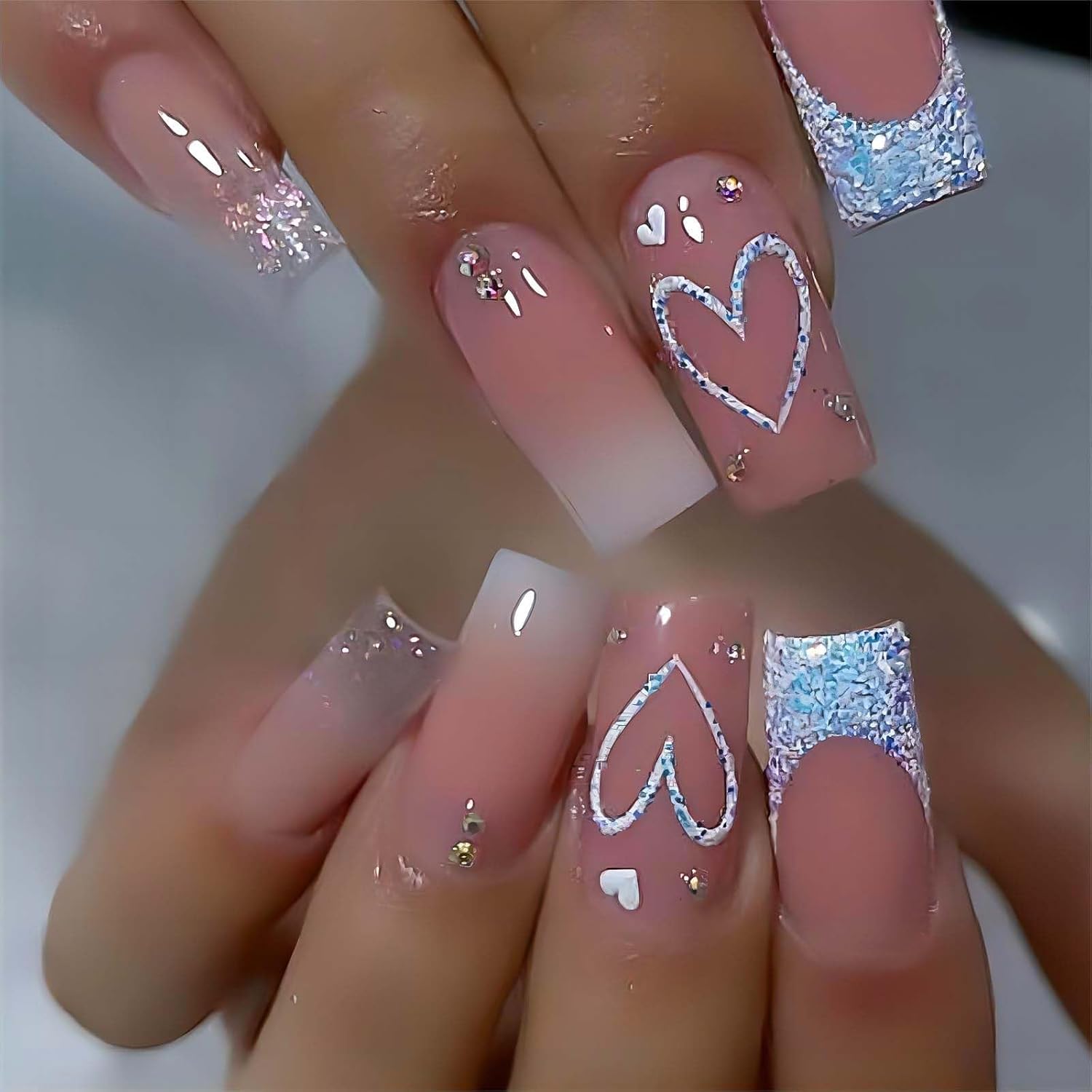 Ruokexin Heart Press On Nails medium square ombre pink set
