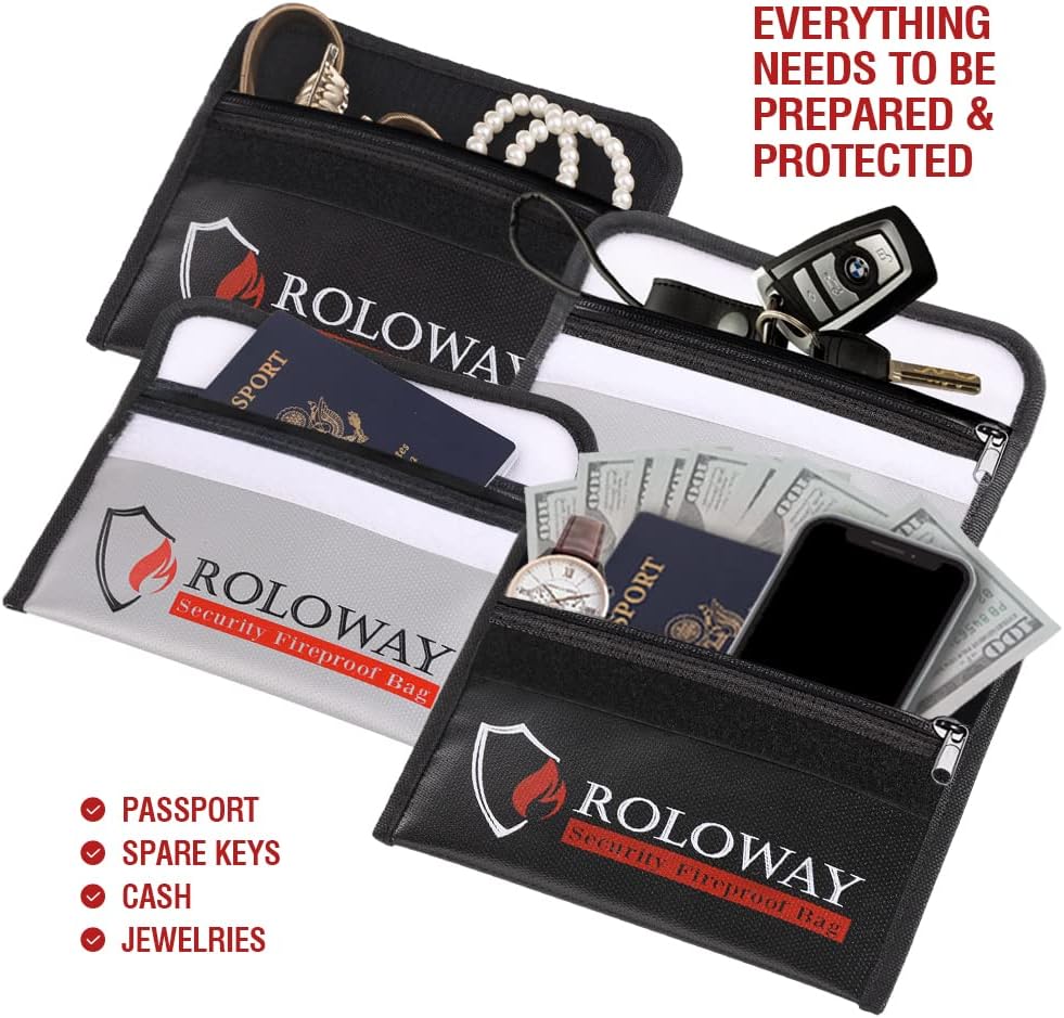 ROLOWAY dual layer fiberglass safety bag protecting passport and currency.