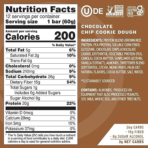 No Cow Vegan Protein Bars, Upgraded Chocolate Chip Cookie Dough | 20g Plant Based Protein, Gluten Free, Dairy Free, Soy Free, Keto Friendly, Low Sugar, High Fiber Snack Bars | Pack of 12 - Image 3