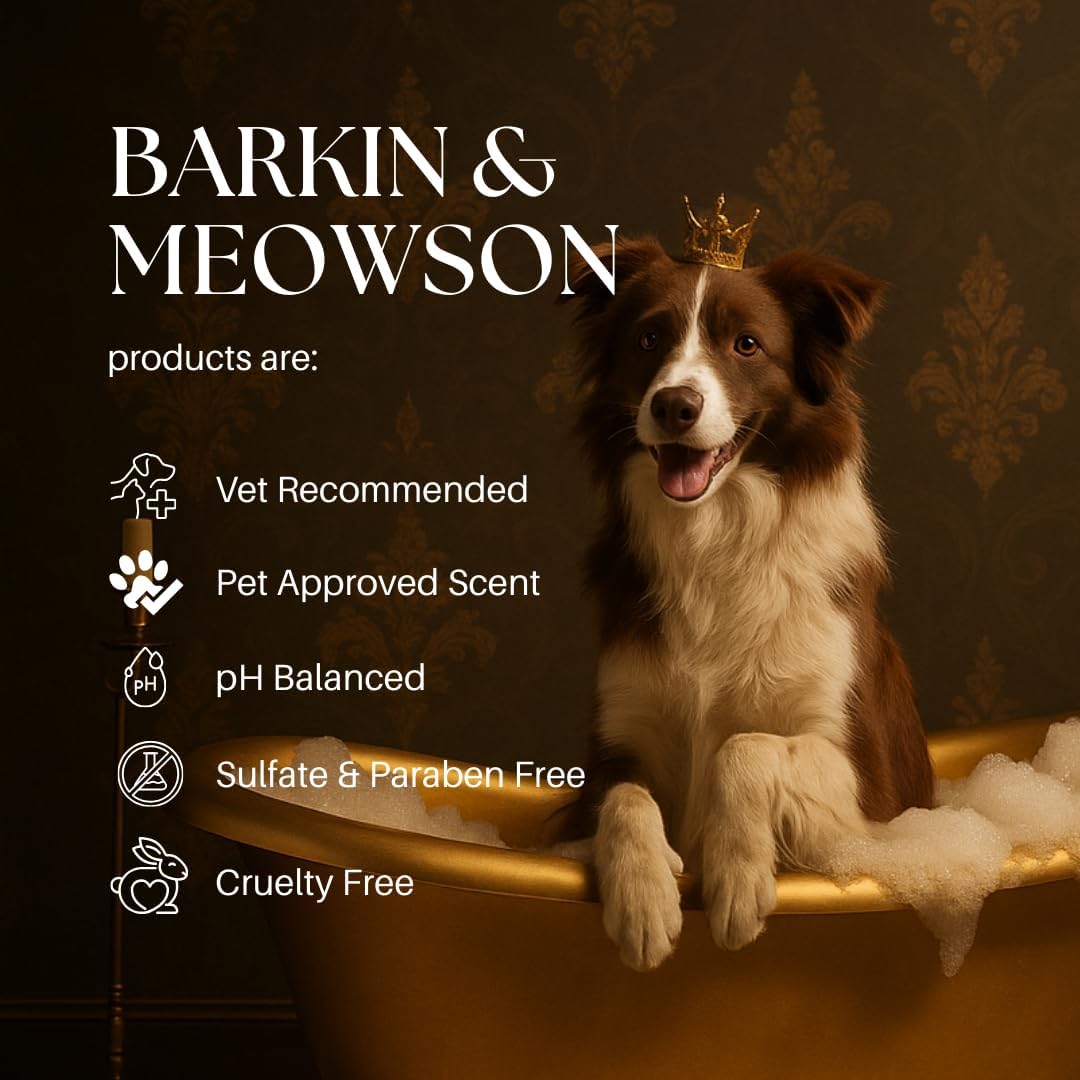 Barkin and Meowson moisturizing dog and cat conditioner close up of the pet-friendly scent logo