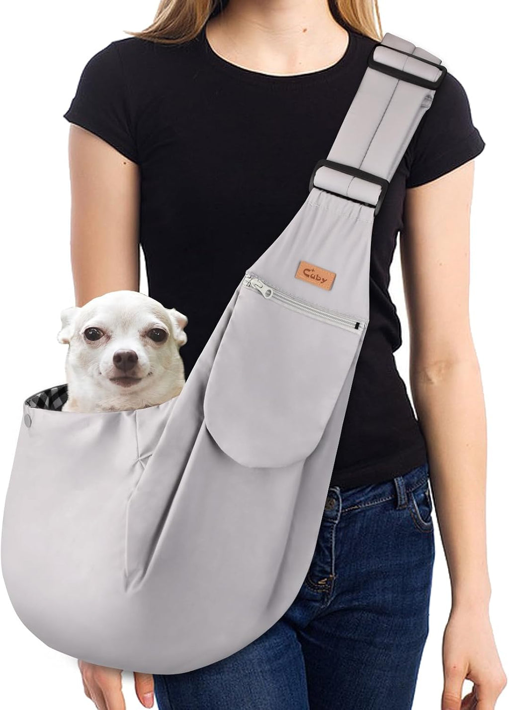 CUBY Dog and Cat Sling Carrier, Hand-Free Dog Carrier Slings with Adjustable Straps Pocker, Puppy Slings Carrier for Small Dogs Cats Outdoor Travel Bag(Black, M-Adjustable Strap) - Image 14