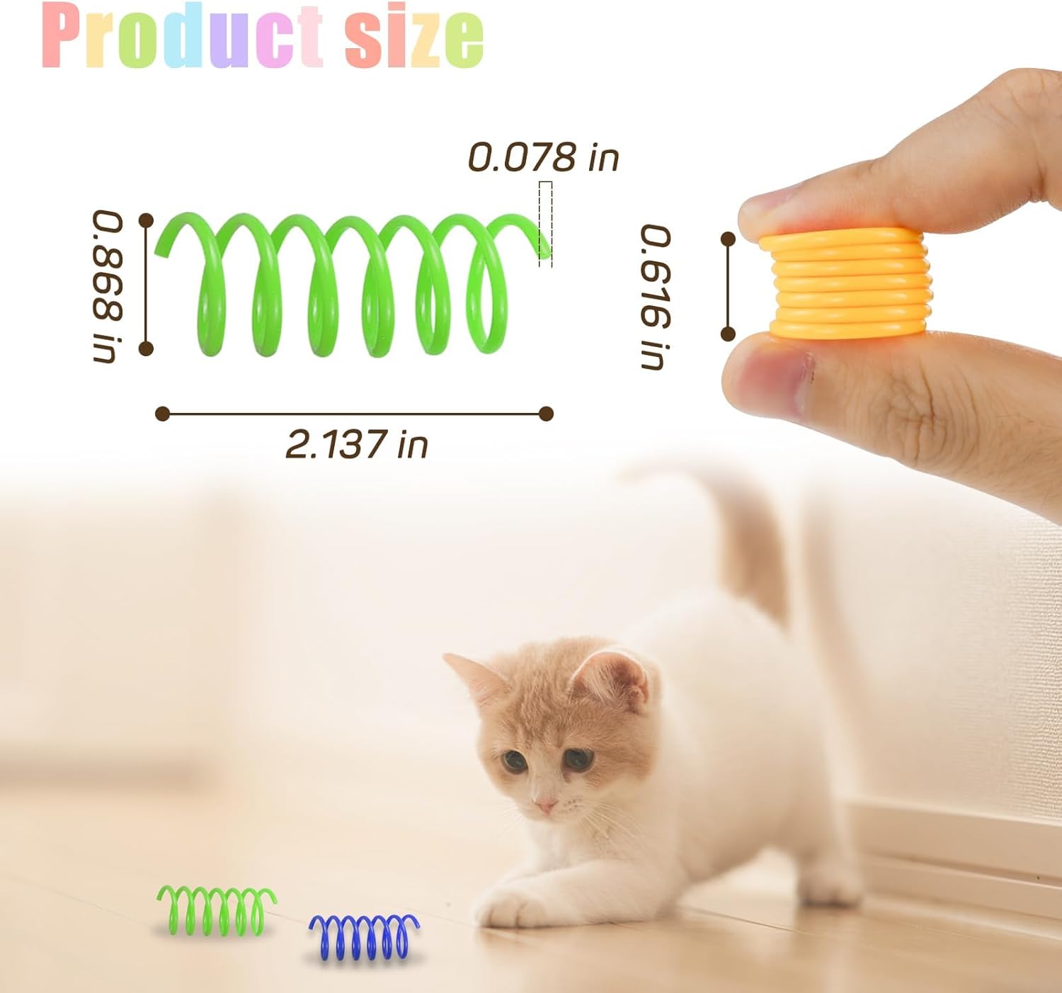 Colorful interactive cat springs bouncing on a domestic floor.