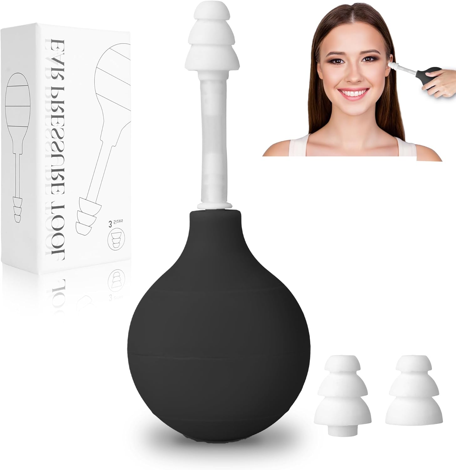 IPZL Ear Pressure Relief Tool front view showing black manual suction device for airplane ear comfort.