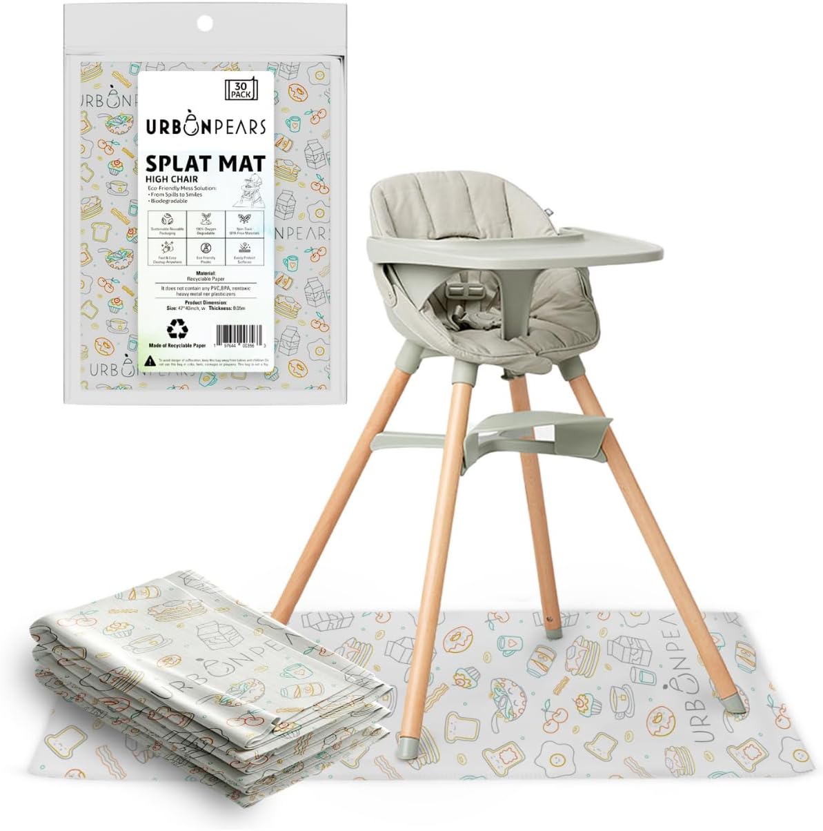 Urban Pears Disposable Splat Mats front view under a modern grey highchair on a wooden floor.