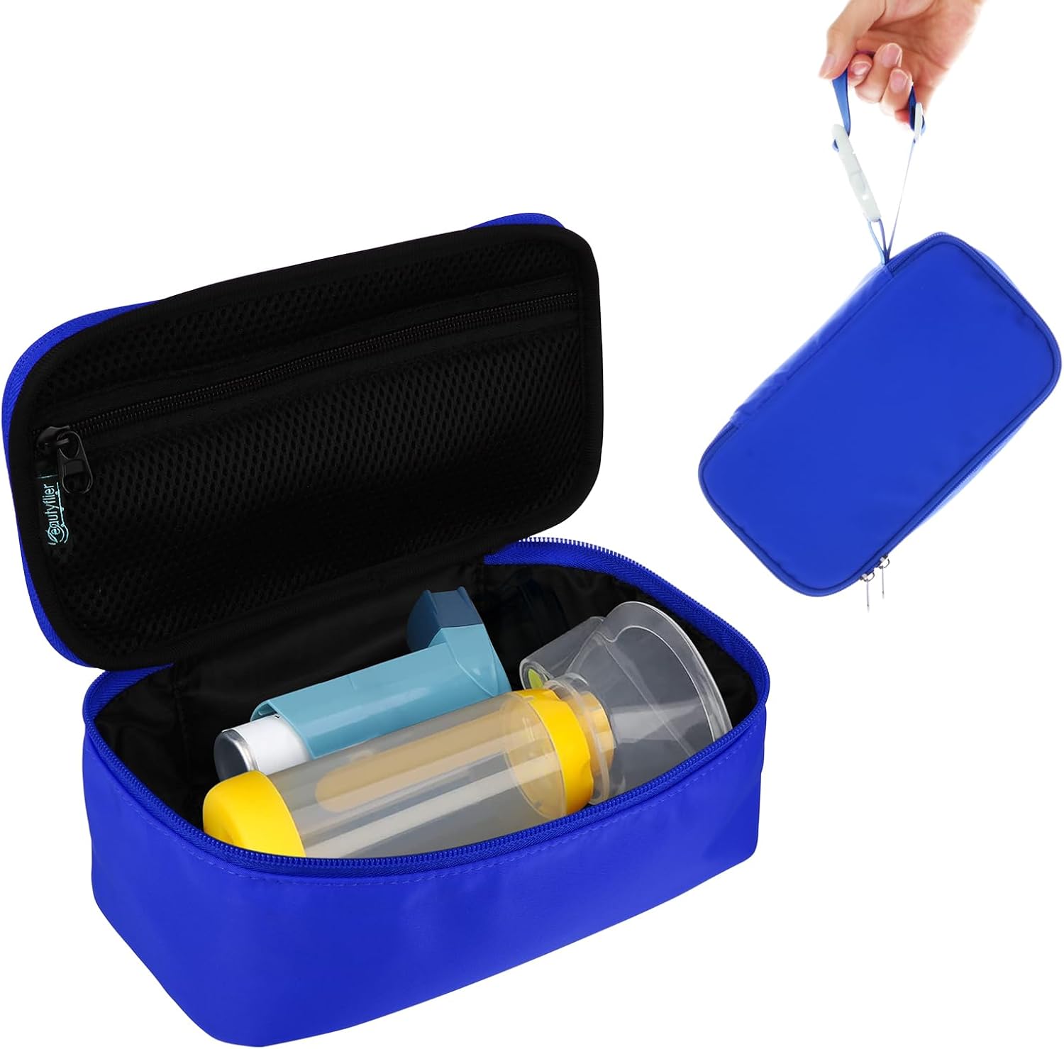 Beautyflier travel carrying case for portable nebulizer front view showing vibrant blue protective exterior fabric.