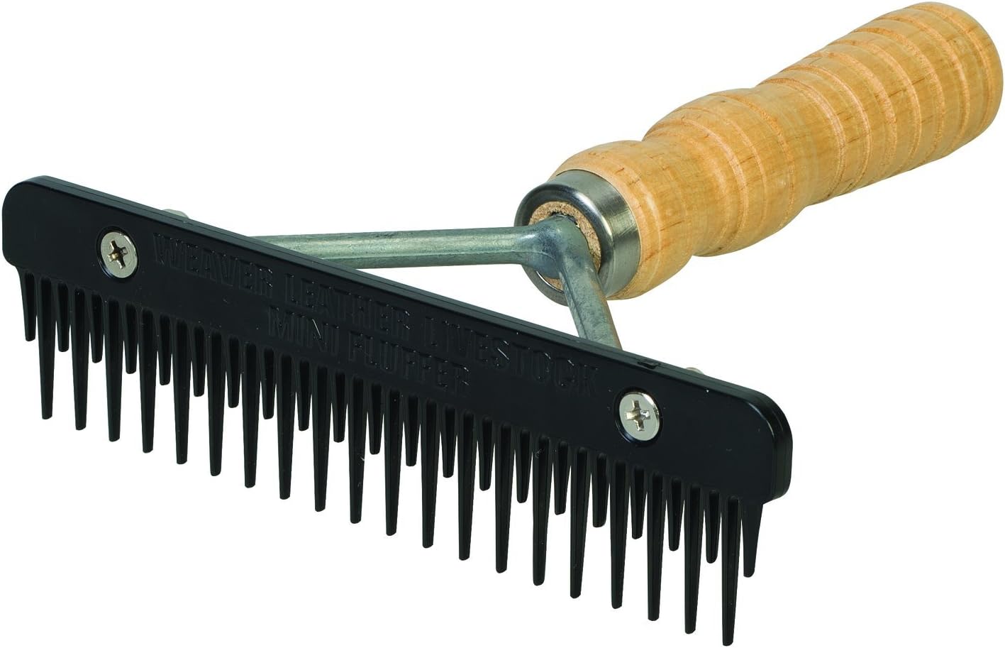 Weaver Livestock mini fluffer tool angled view highlighting the dual length teeth for sheep and goat grooming.