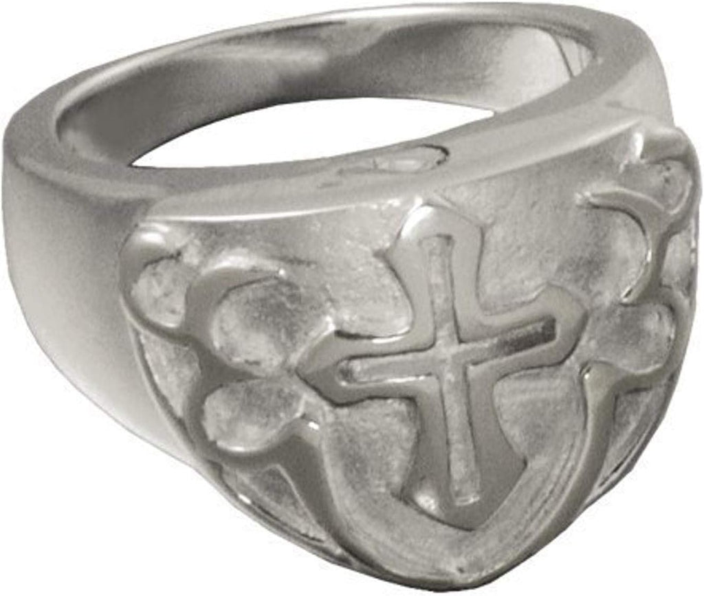 Mens cross signet cremation ring showing the secure screw enclosure mechanism