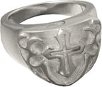 Mens cross signet cremation ring showing the secure screw enclosure mechanism