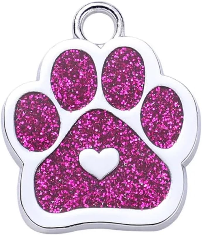 Close up of custom laser text engraving on metal pet tag.