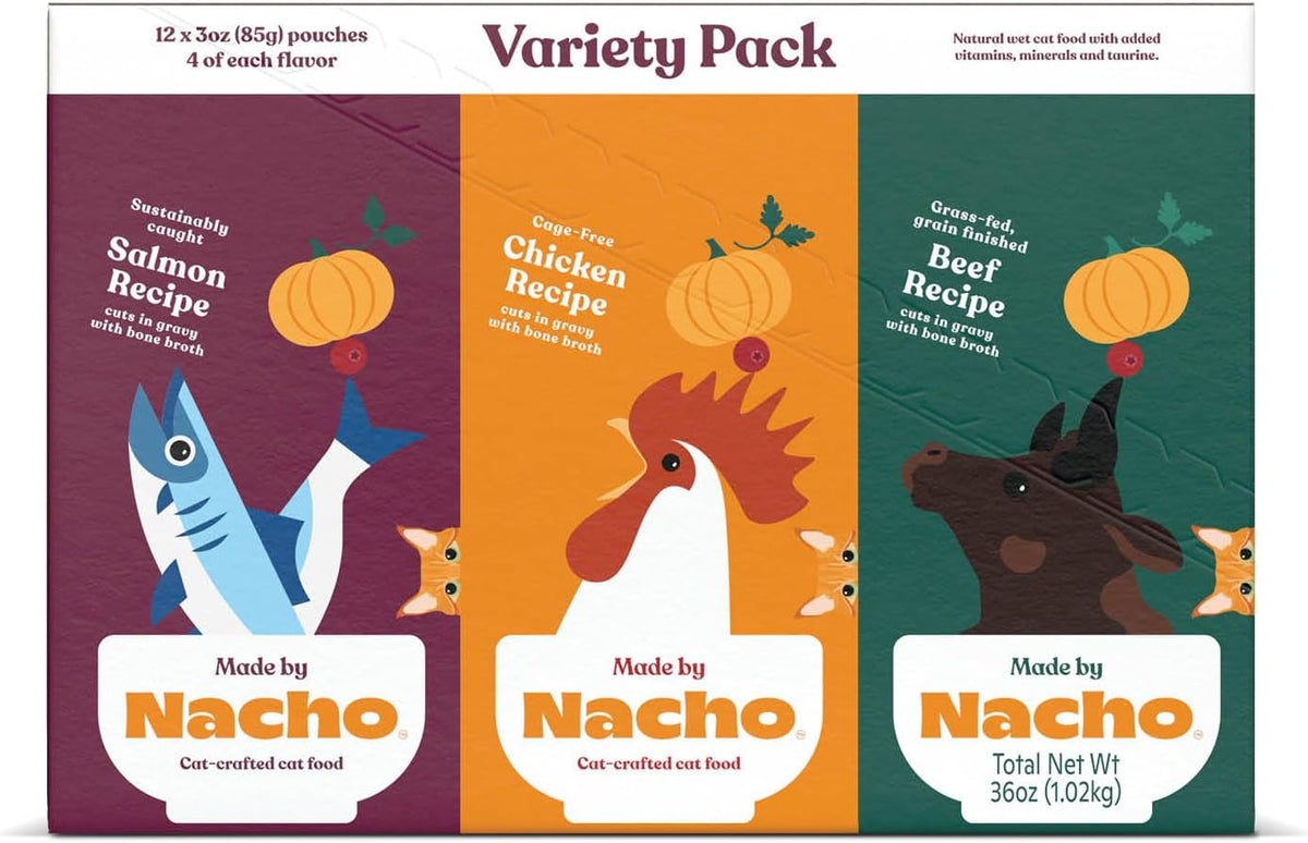 Made by Nacho premium wet cat food pouches displaying the cage-free chicken recipe.