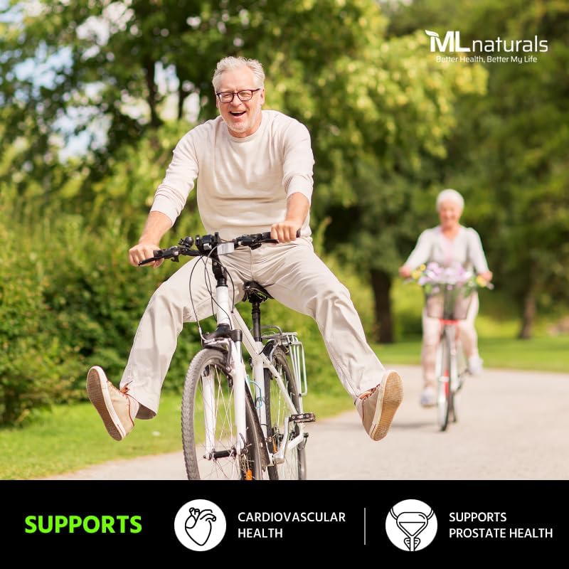 Authentic USA imported ML Naturals lycopene 120 capsules packaging displaying cardiovascular health benefits.