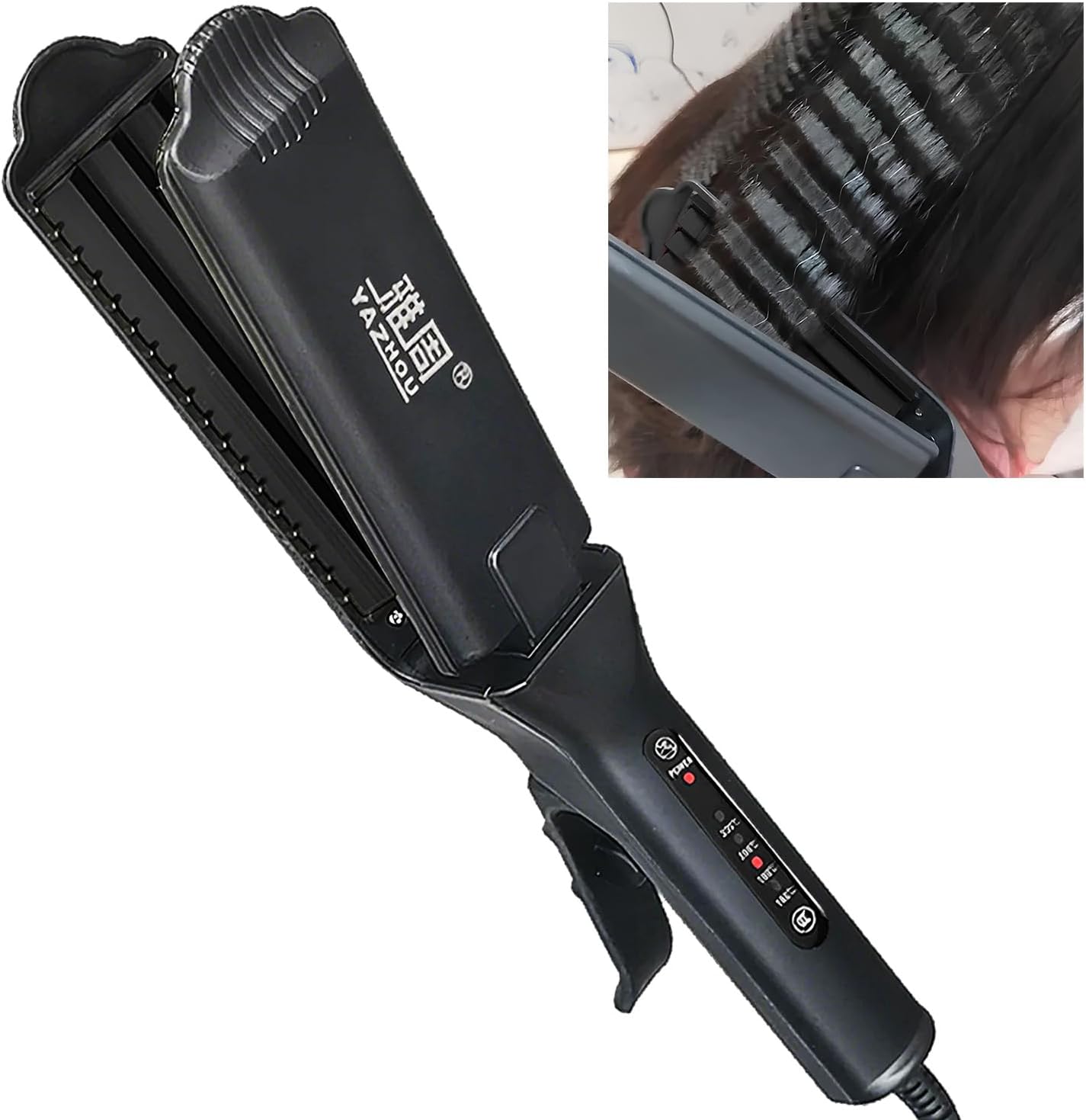TOHUAN hair crimper front view showcasing the three teeth corrugated ceramic tourmaline plates for hair styling.