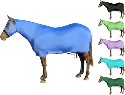 Paris Tack turquoise lycra horse sheet showing the adjustable rear leg strap attachments