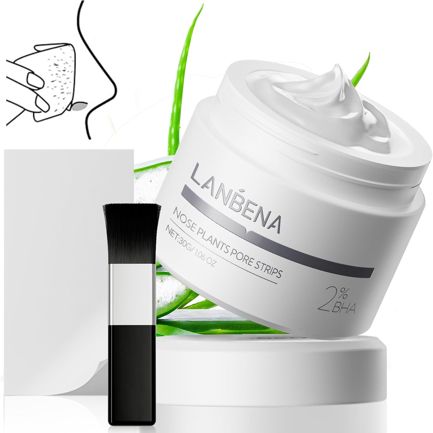 LANBENA 2.0 Blackhead Nose Plants Pore Strips front packaging view showing the cream jar and paper sheets.