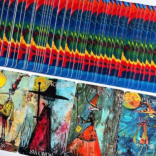 Overhead view of a spread of several borderless graffiti tarot cards showing colorful archetypes and rounded corners.