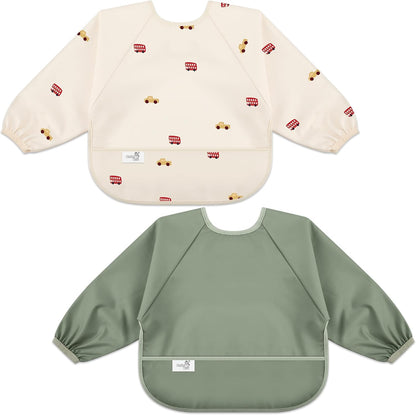 BebeBiu long sleeve baby bib front view showing the waterproof fabric and wide catch-all pocket for feeding protection.