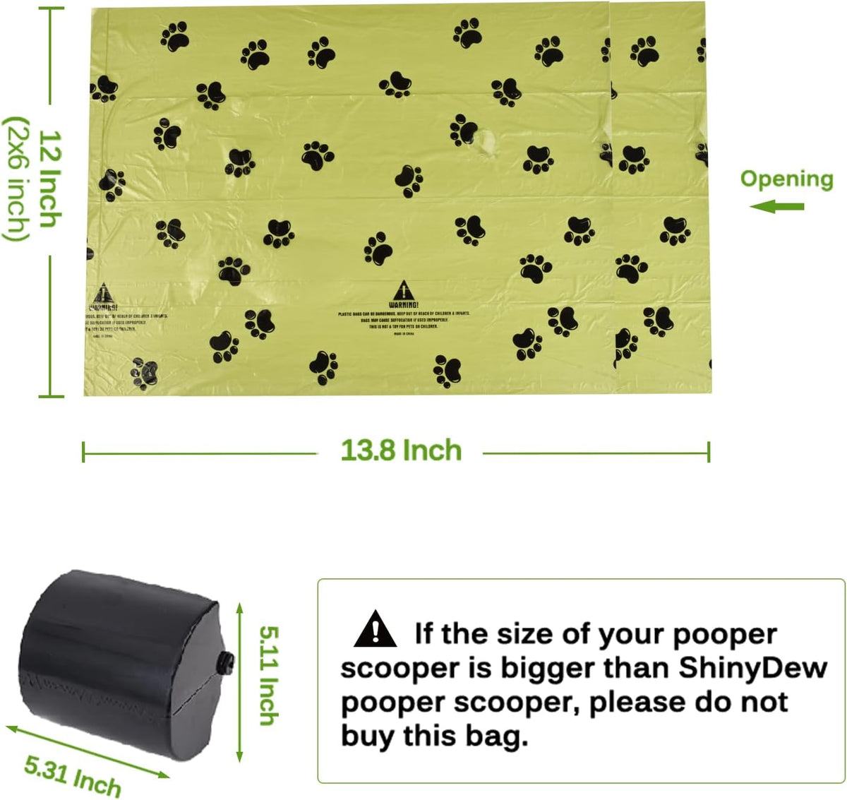Oversized green pet waste rolls with black paw print graphics displayed on a flat surface.