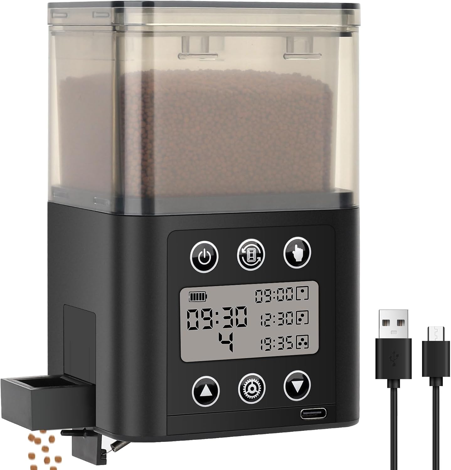 Fishkeeper smart automatic fish feeder front view showcasing digital screen display