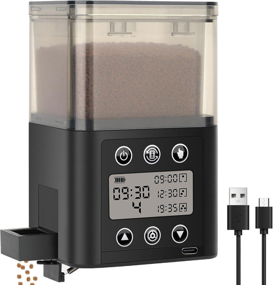 Fishkeeper smart automatic fish feeder front view showcasing digital screen display