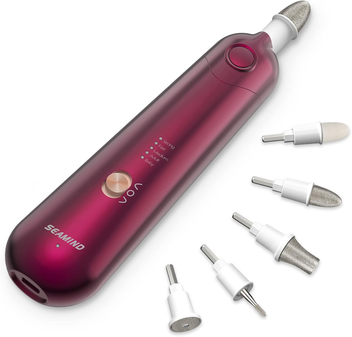SEAMIND professional manicure pedicure set red front view showing the sleek cordless electric nail file handle.