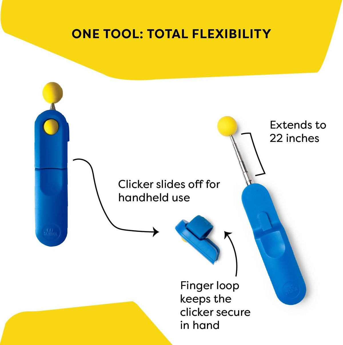 Retractable cat training target stick extended with high visibility yellow ball tip for feline guidance