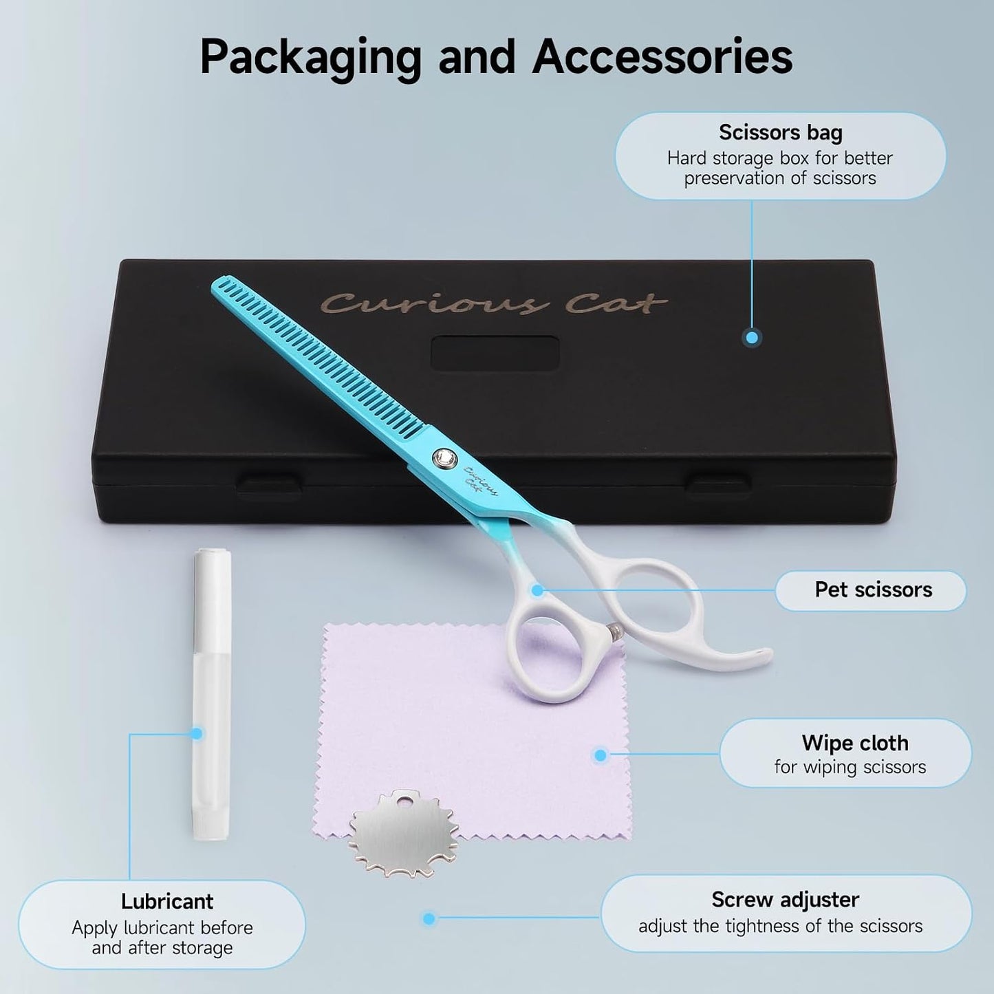 Petfun pet hair thinning shears showcased with included grooming storage pouch.