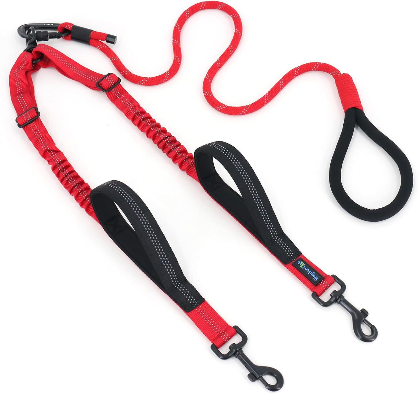 Wagtime Club double dog leash front view in carnation red