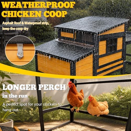 Portable Chicken Coop Poultry Cage with Wheels, Wooden Chicken Coop for 4-8 Chickens, Nesting Box, Pull-Out Tray, Ventilated Windows, Asphalt Weatherproof Roof, 83.3" L x 31.1" W x 41.6" H, Yellow - Image 6