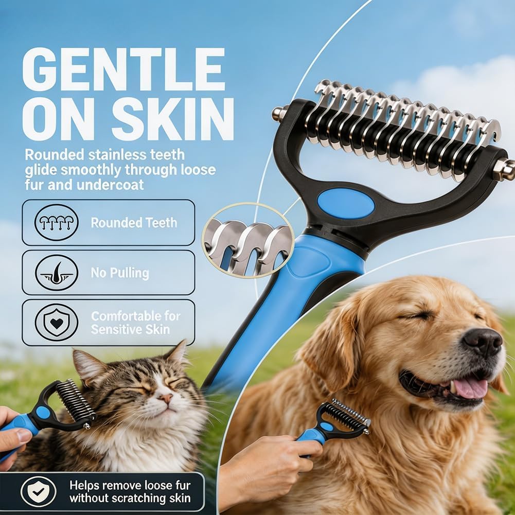 Detailed view of the 2-in-1 dematting and deshedding tool head