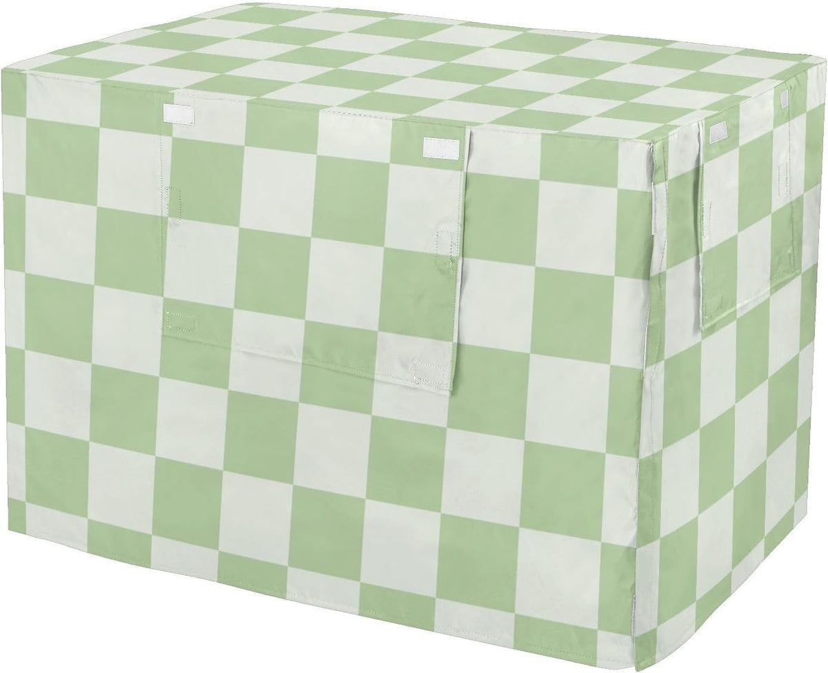 Pethiy dog crate cover front view featuring mint green checkered pattern on a wire kennel.