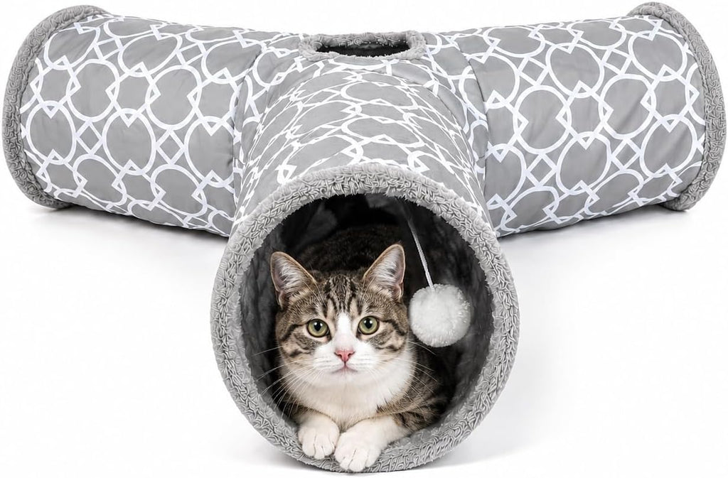 Geometric Straight Cat Tunnel with Plush Inside,Cats Toys Collapsible Tunnel Tube with Balls, for Rabbits, Kittens, Ferrets,Puppy, Diameter 9.8 Inch - Image 10
