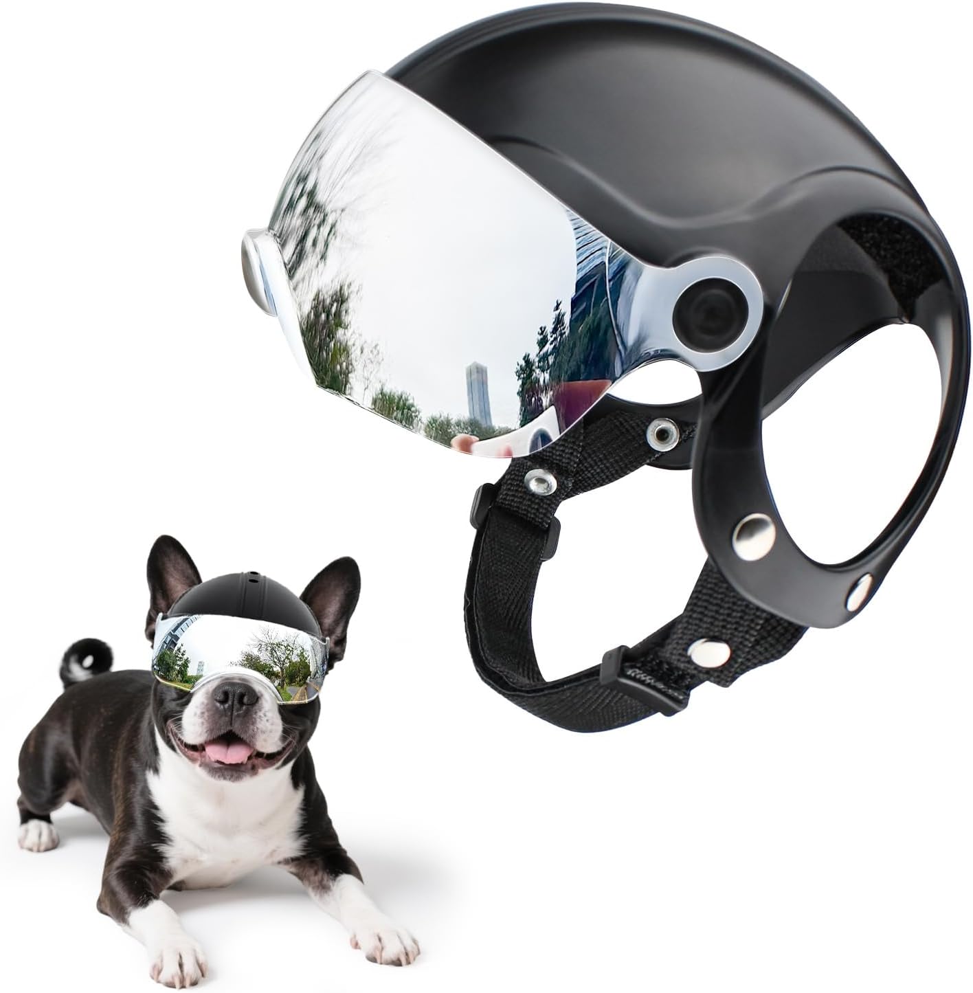 Billionchains dog helmet front view with silver visor