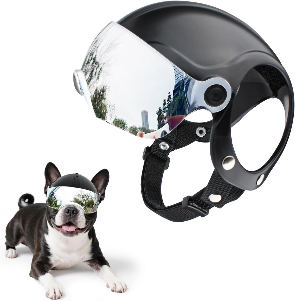 Billionchains dog helmet front view with silver visor