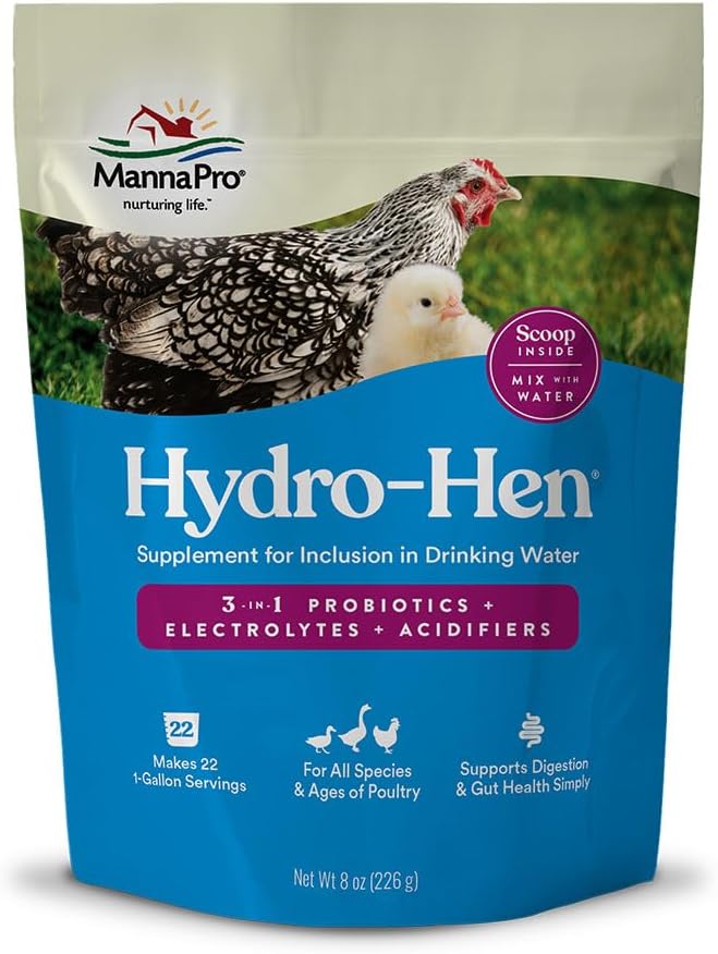 Graphic showing the 3-in-1 benefits of Manna Pro Hydro-Hen for backyard poultry.