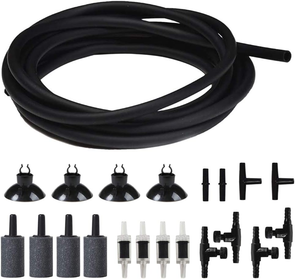 JIH aquarium air pump accessories set front view showing twenty five feet black airline tubing and essential connectors.
