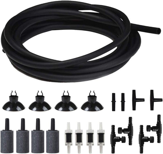JIH aquarium air pump accessories set front view showing twenty five feet black airline tubing and essential connectors.