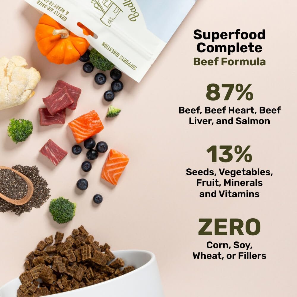 Premium air dried dog food nuggets showing real beef and superfood pieces