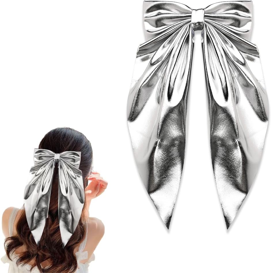 ShiQiao Spl big hair bows silver barrettes clip front view showing oversized metallic design.
