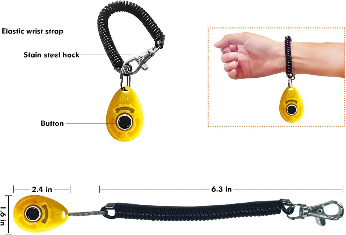 Ergonomic dog training tool with a large easy to press button close up view.
