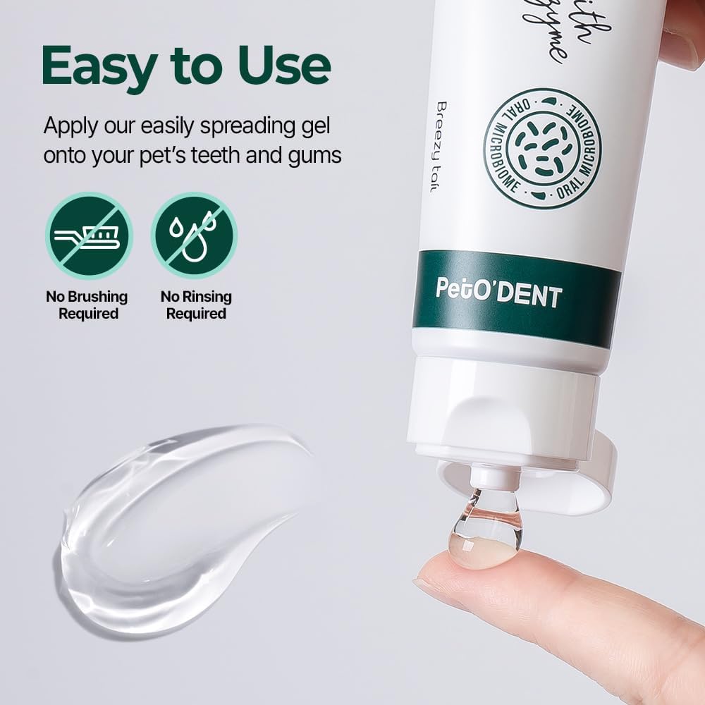 Breezytail pet toothpaste containing papain enzymes and microbiomes