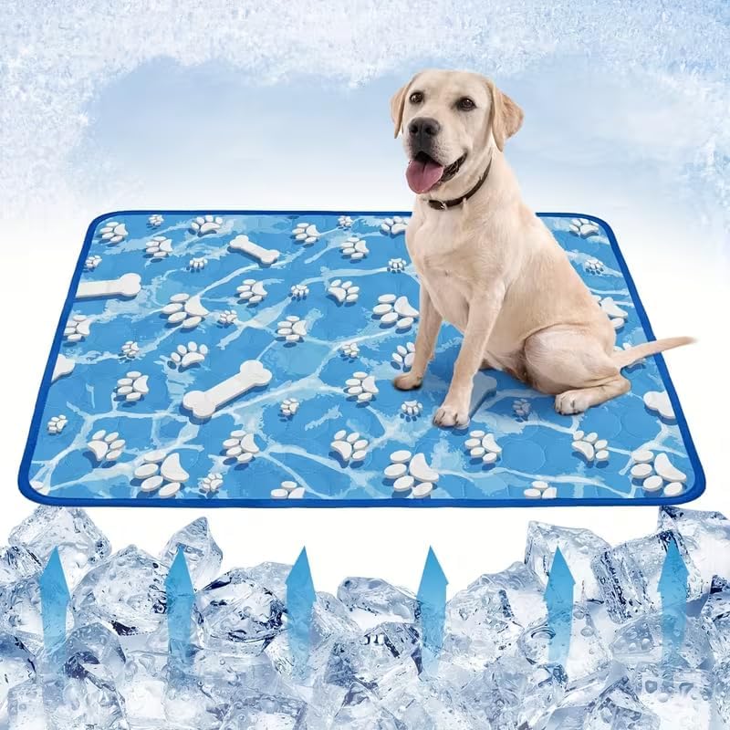 Rudra Retails blue pet cooling pad with bone and claw pattern front view