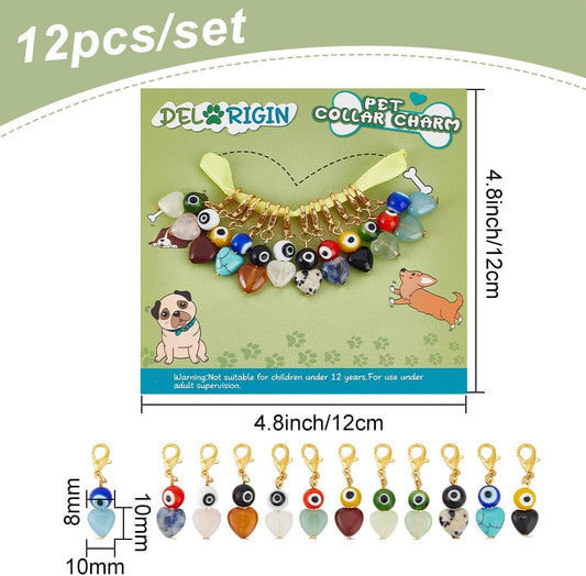 Close up of Delorigin heart shaped gemstone pet collar charms