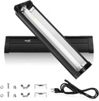 Hygger Zoo T5 HO UVB reptile light fixture front view showing the twelve inch black terrarium hood assembly.